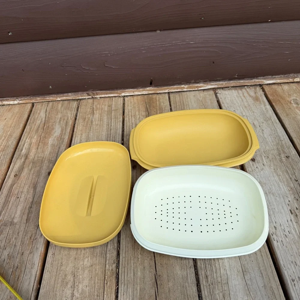 Tupperware Vintage Vegetable Steamer Server Harvest Gold Yellow 3 Piece Set
